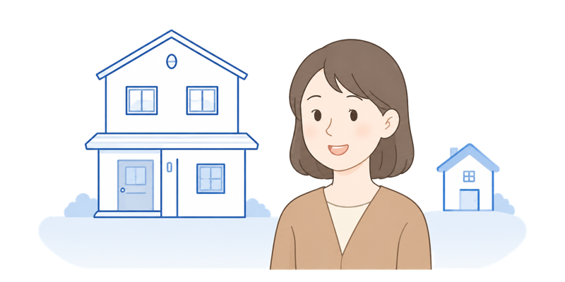 離れて暮らす2つの家と見守る女性のイラスト